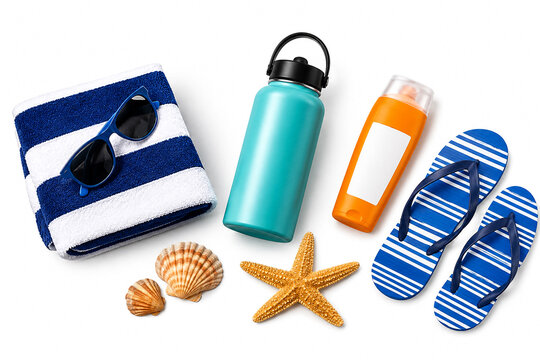 Summer beach accessories with towel sunscreen and flip flops on white background.