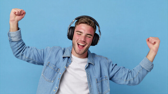 Young man wearing headphones and denim jacket enjoying music with joyful expression