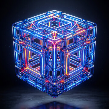 abstract blue cubeAbstract Futuristic Octagonal Circuit Board with Glowing Neon Lights