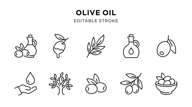 Olive oil icon set with bottles and olives, editable stroke