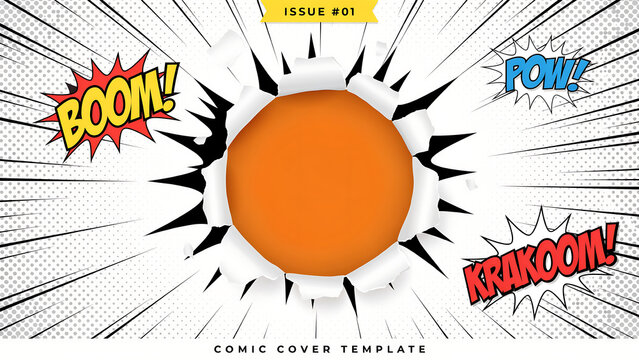 A dynamic comic book cover template features a central circular paper tear with a blank orange background. Perfect for creative graphic design and storytelling projects.