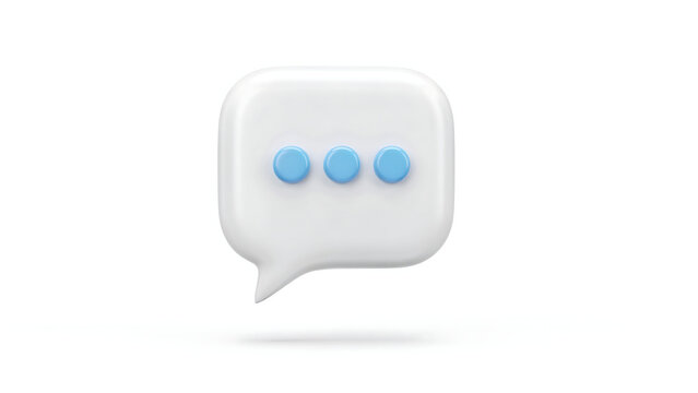 A 3D rendering of a white chat bubble icon with three blue dots isolated on white background. Perfect for UI design and communication concepts.