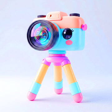 camera and photo cameracute 3D cartoon camera tripod, adorable chibi style, three-legged camera stand with small camera mounted on top