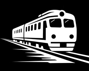 Obraz premium A sleek modern minimalist monochrome passenger train vector illustration moving horizontally against a solid dark black background.