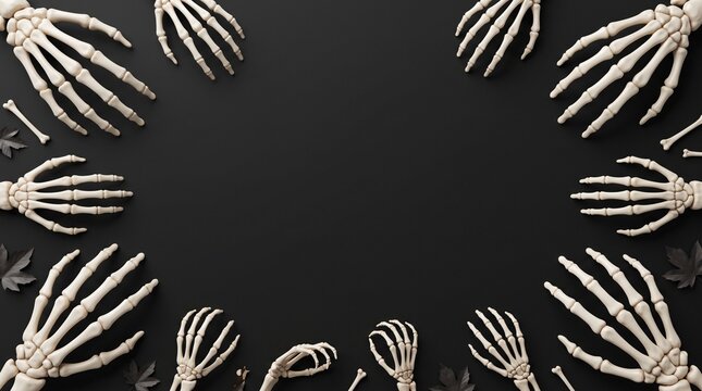 A spooky halloween background featuring a frame of multiple human skeleton hands arranged on a dark black surface