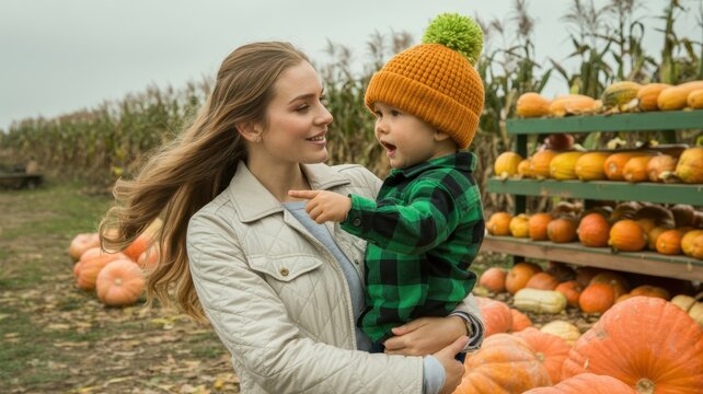Thanksgiving Young mother holding toddler son in green plaid shirt pointing at pumpkin patch during family outing on autumn day in USA USA