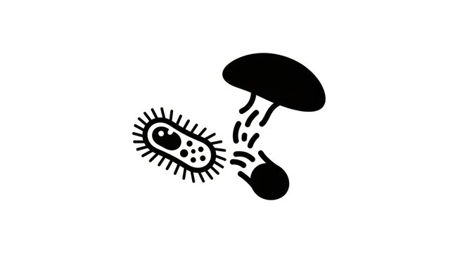 Black and white bacteria and fungus illustration.