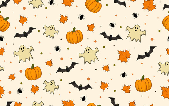 Cute Black Cat with Pumpkin and Cartoon Skull Seamless Pattern, Halloween Bat and Spooky Cute Elements 