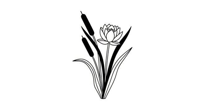 Black and white cattail plant illustration.