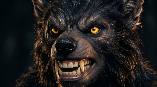 Fierce Werewolf Woman Portrait with Glowing Eyes and Sharp Teeth