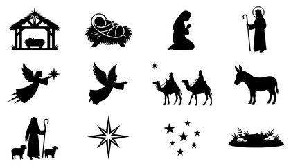 Fototapeta premium Nativity Scene Icons Set with Figures, Animals, and Stars