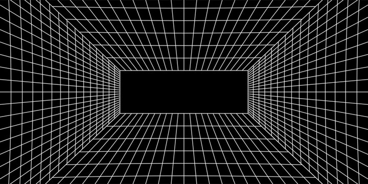 Futuristic perspective grid box. Abstract wireframe with white grid line on black background. Virtual reality landscape in 80s 90s digital style. Vector