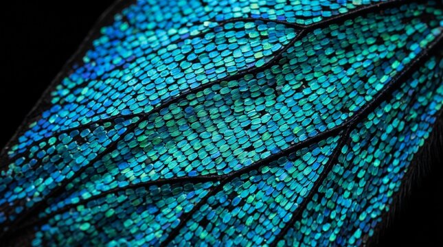 Iridescent butterfly wing macro, shimmering blue and turquoise insect scales, vibrant mosaic texture of morpho wing isolated PNG with Transparent Background