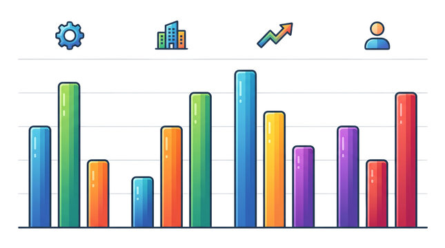 Colorful business bar chart with 3D glossy columns, financial data visualization graph, corporate analytics infographic with icons isolated PNG with Transparent Background
