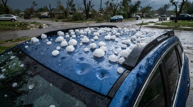 A Car Top Partially Covered in Large Ball Of Ice Created Due To Severe Winter Hail Storm Weather
