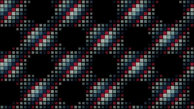 Seamless looping background of pixelated square grid pattern in dark blue, red, and light blue tones