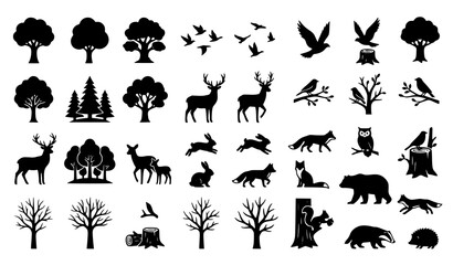 Fototapeta premium Wildlife animals and tree silhouettes collection set vector illustration featuring forest wildlife isolated on white