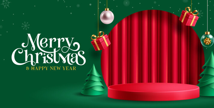 Merry Christmas Green Banner with Red Podium Clipart. Elegant Merry Christmas and Happy New Year banner featuring red display podium with luxurious curtain backdrop, hanging Christmas gift boxes