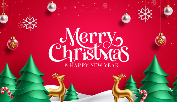 Merry Christmas Red Banner Greeting Card Clipart. Merry Christmas and Happy New Year banner clip art with golden reindeer, green Christmas trees, snowy landscape, hanging ornaments, snowflakes 