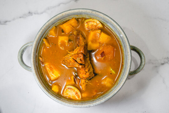Southern Thai spicy fish viscera curry served in a bowl,Kaeng Tai Pla , Top of view