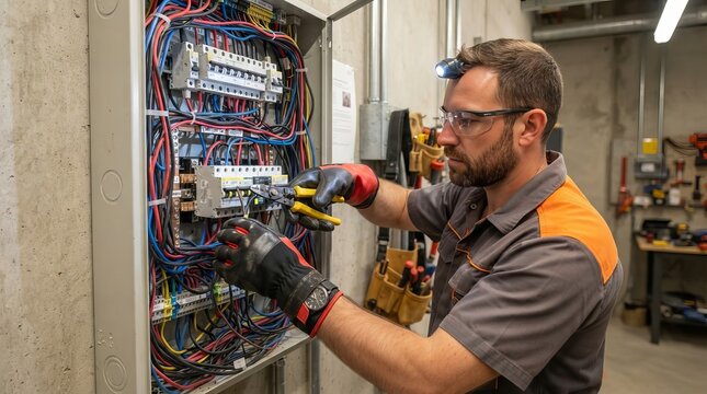 Professional Electrician Focused on Repairing Wiring Inside a Residential Electrical Breaker Panel