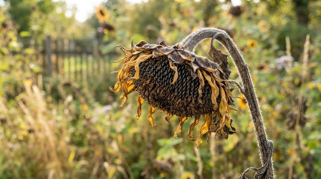 A close up view of a mature harvested sunflower head fading in a country field of autumn grass.