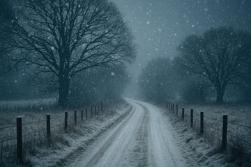Fototapeta premium Serene snowy path under snowfall.