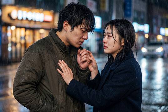 Emotional couple confrontation in the rain on a city street at night for a tense drama poster and storytelling background for film promotions