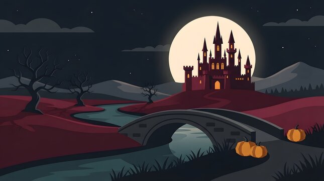 Spooky halloween scene with a silhouetted castle and a large full moon in the night sky