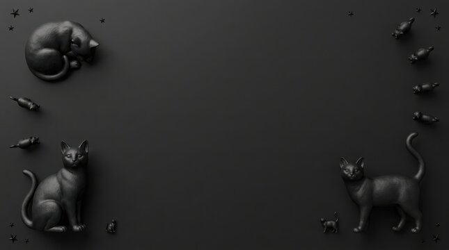 Four black cats and mice figures arranged on a dark background with subtle lighting for copy space