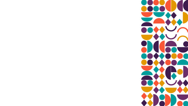 Vertical side border pattern composed of various colorful geometric shapes including semicircles and diamonds arranged in a modern repeating layout on white background.