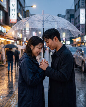 Romantic couple under a clear umbrella on a rainy street at twilight for romantic poster and greeting card background