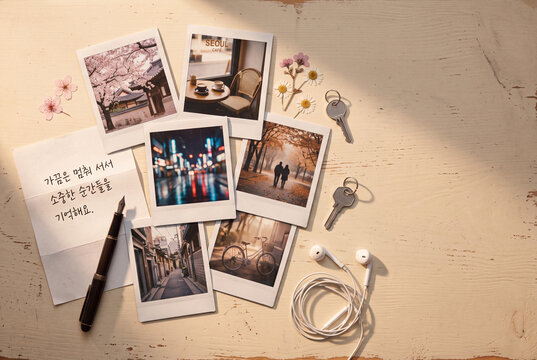 Polaroid travel collage with handwritten note keys and earphones for nostalgic memory background and scrapbook layout