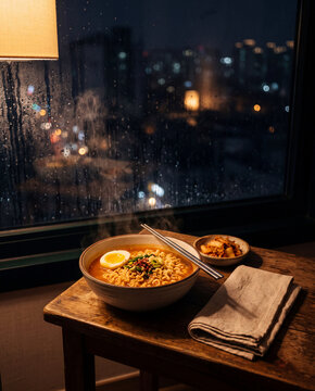 Steaming bowl of ramen on wooden table by a rainy window at night for cozy food background and restaurant menu or comfort meal wallpaper