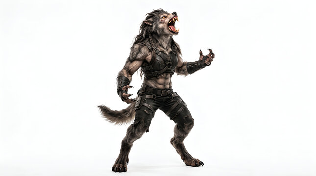 Aggressive Werewolf Woman Warrior Howling on White Background