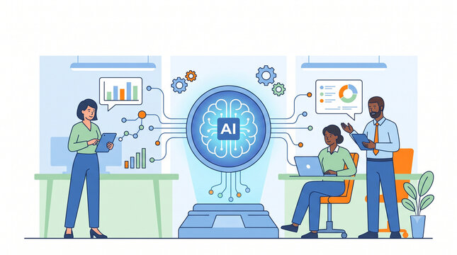Diverse Business Team Collaborating Around Glowing Central AI Brain Core