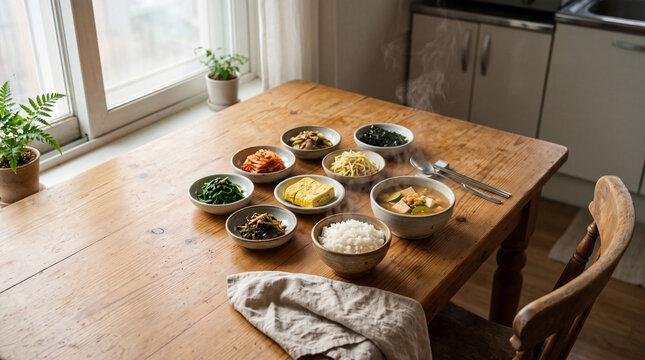 Traditional korean meal with rice and assorted banchan on a wooden table for food background and menu design