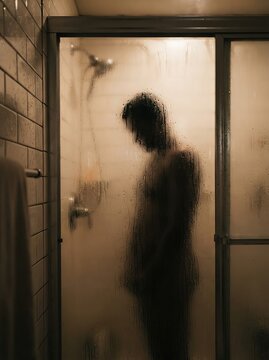 A contemplative young person lost in thought in a misted glass shower, surrounded by soft light.