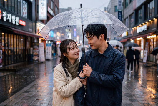 Young couple sharing a clear umbrella on a wet city street at dusk smiling under soft lights for romantic banner and background use