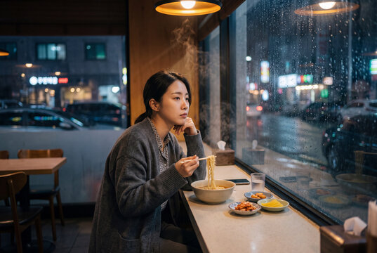 Young woman eating ramen by a rainy window at night for moody restaurant background and city banner design