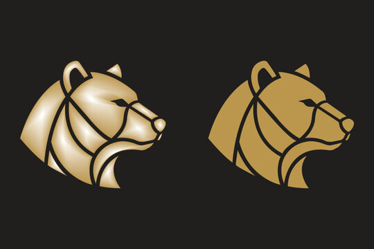 Golden bear head logo set, luxury grizzly bear profile icons, metallic animal mascot vector for branding and sports
