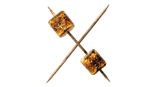 Two roasted marshmallows on wooden sticks isolated on transparent background