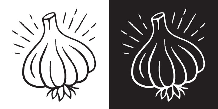 Garlic bulb ink drawing black and white clove pencil sketch retro vintage rustic aesthetic outline tattoo line art. Natural organic farm vegetable minimal doodle illustration for logo design print.