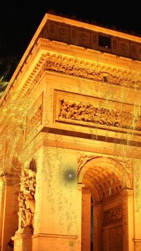 Animation of fireworks over lighted landmark in france