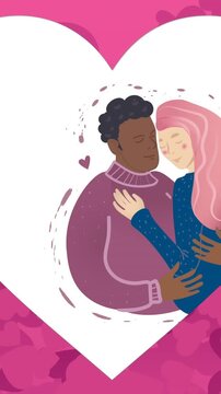 Animation of couple hugging icon and hearts on pink background