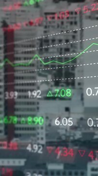 Animation of financial data processing over cityscape