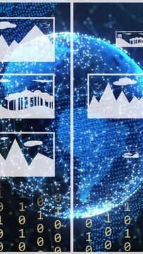 Animation of artificial intelligence data processing over screens and globe