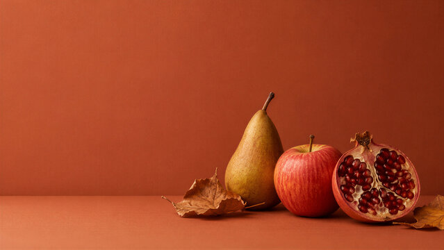 Autumn still life with pear apple and open pomegranate with dried leaf on terracotta background. Mabon harvest equinox abundance and gratitude concept. Seasonal thanksgiving fruit composition
