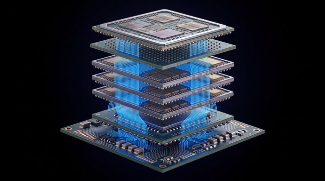 A detailed illustration of a stack of microprocessors with glowing elements showcasing advanced computing technology.