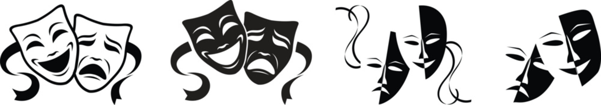 Theatrical masks vector icon set, theater, theatre mask signs, masquerade mask, comedy and tragedy mask symbols, performance, drama, stage, acting, play, and artistic vector illustration collection